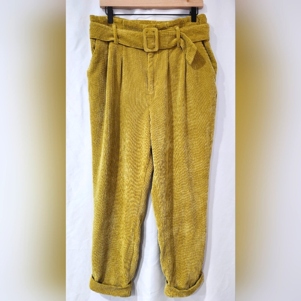 wild fable Mustard Yellow Corduroy Paperbag Trousers with Belt